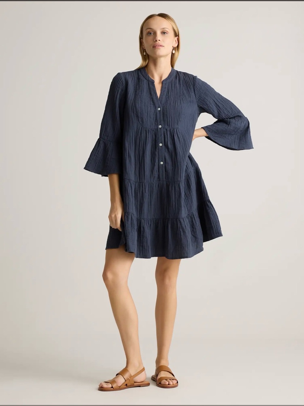 Quince 100% Organic Cotton Gauze Tiered Mini Dress : Navy : Sz S (fits like M)